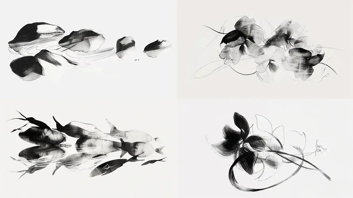 Elegant Monochrome Floral Brushstrokes with a Serene Aesthetic - Midjourney sref style