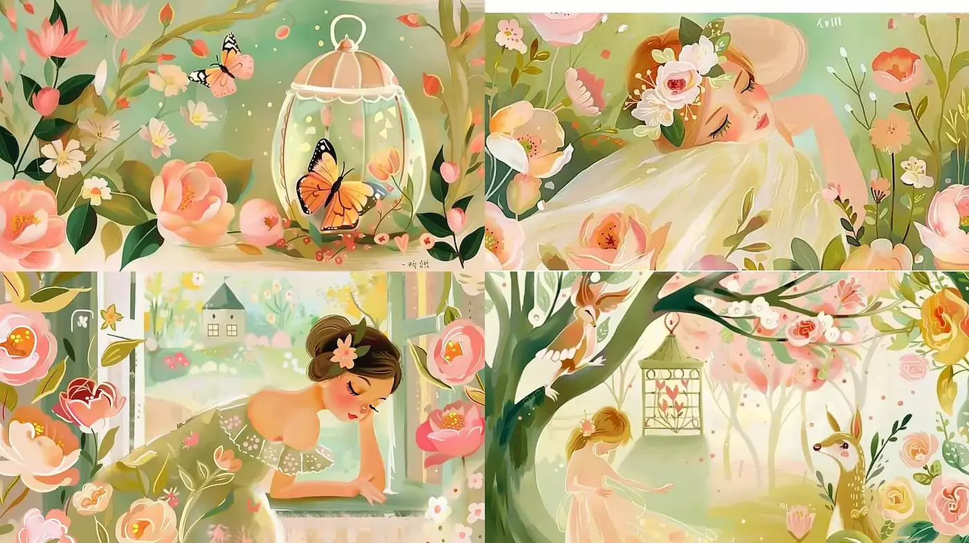 Whimsical Floral Illustrations with Soft Color Palette - Midjourney sref style