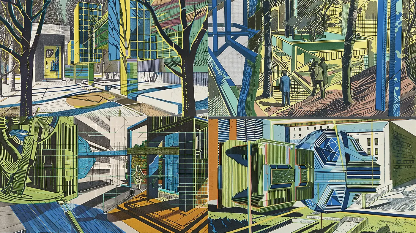 Geometric Urban Tapestry of Hues and Lines - Midjourney sref style