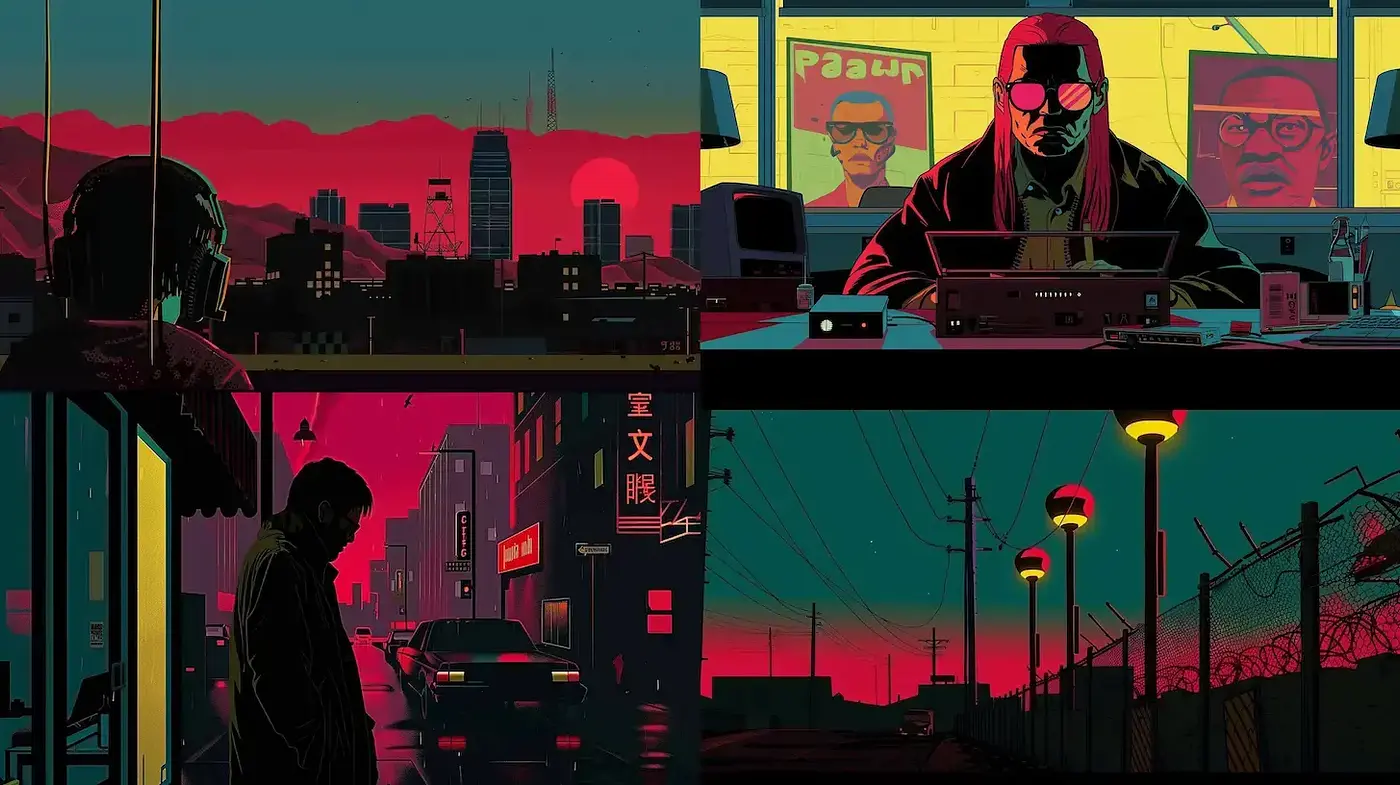 Dynamic and Visceral Neon Noir Visuals with Retro Futurism - Midjourney sref style
