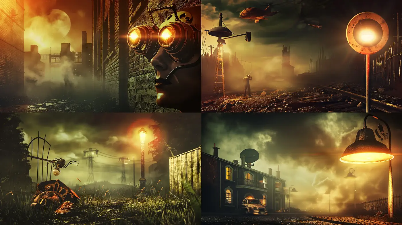 Dystopian Dreamscape: A Homage to Blended Surrealism and Steampunk Inspirations - Midjourney sref style