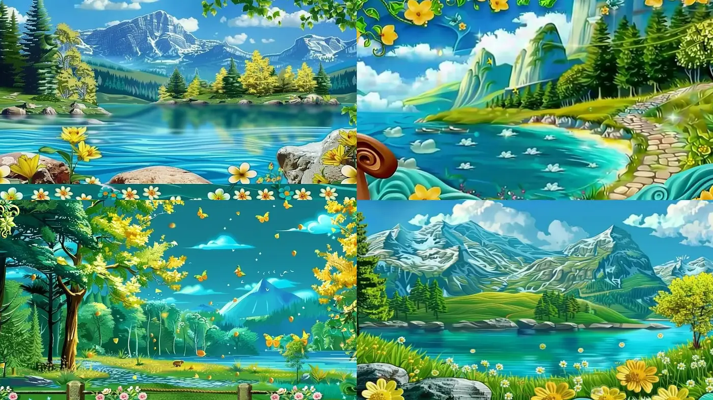 Lush Idyllic Landscapes in Bright Storybook Illustration - Midjourney sref style
