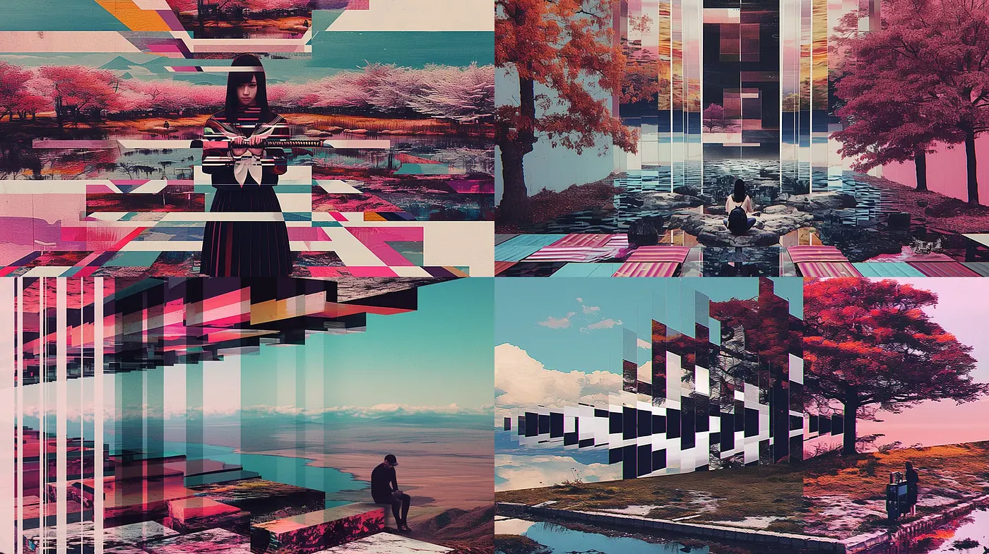 Glitched Dimensional Transitions in Melancholic Hues - Midjourney sref style
