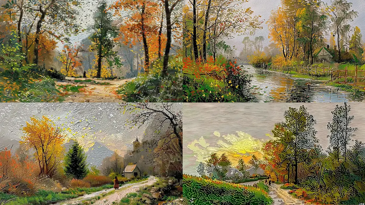 Serene Autumn Landscapes Influenced by Impressionism and Nature's Palette - Midjourney sref style