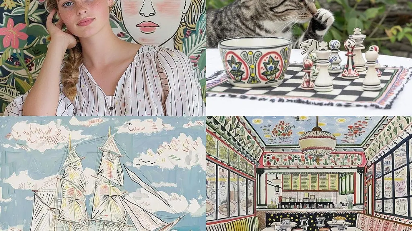 Whimsical Fusion of Line Art and Vibrant Textures: A Contemporary Take on Classic Illustrative Techniques - Midjourney sref style
