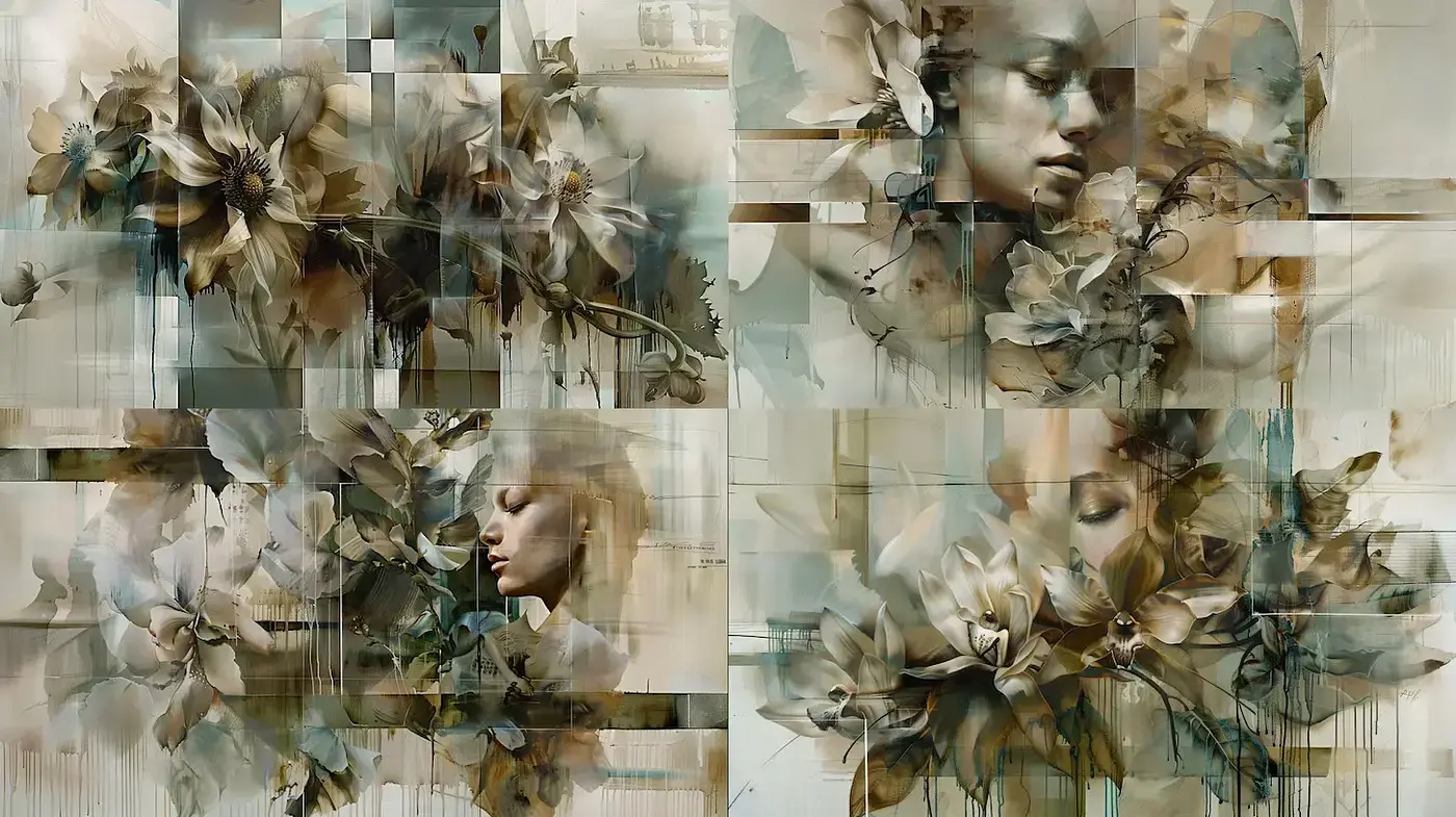 Ephemeral Visions of Nature and Emotion: A Glitched Floral Dreamscape - Midjourney sref style
