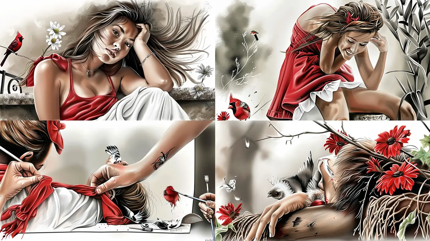 Ethereal Elegance in Red and Gray: A Dreamy Digital Art Expression - Midjourney sref style