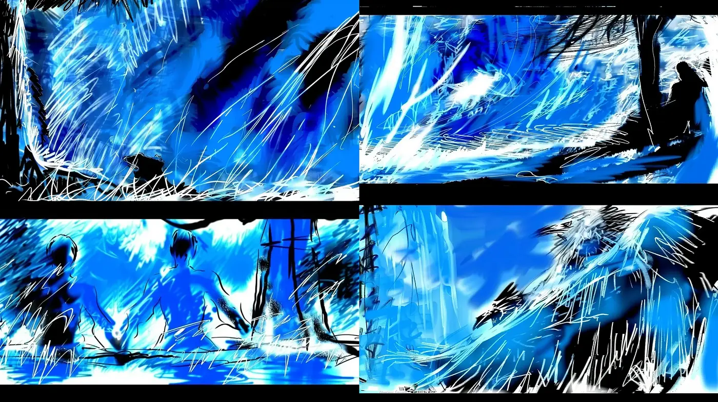 Dynamic Expressionist Brushwork in a Vivid Blue Palette - Midjourney sref style