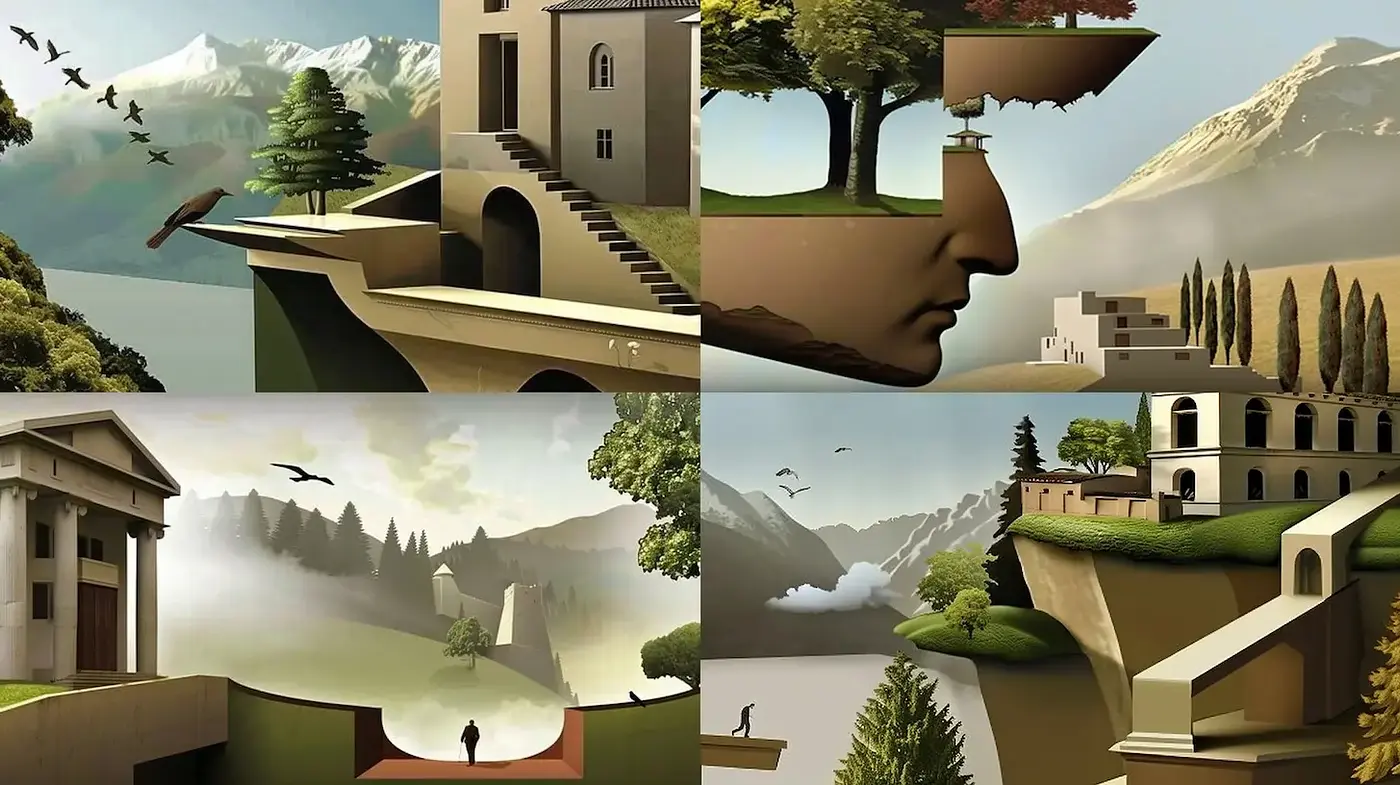 Surreal landscapes blending reality with imaginative elements - Midjourney sref style