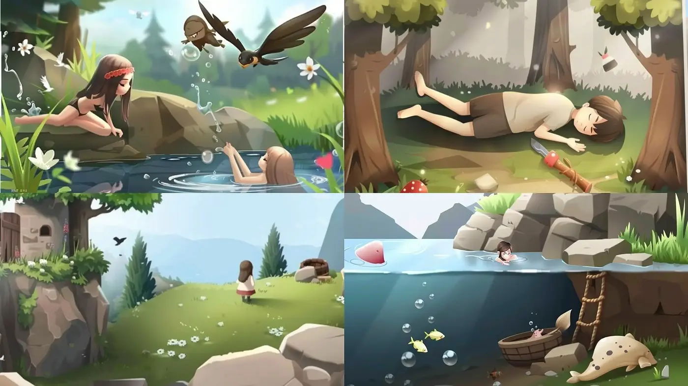 Serene Pastoral Vignettes with a Modern Storybook Illustration Flair - Midjourney sref style