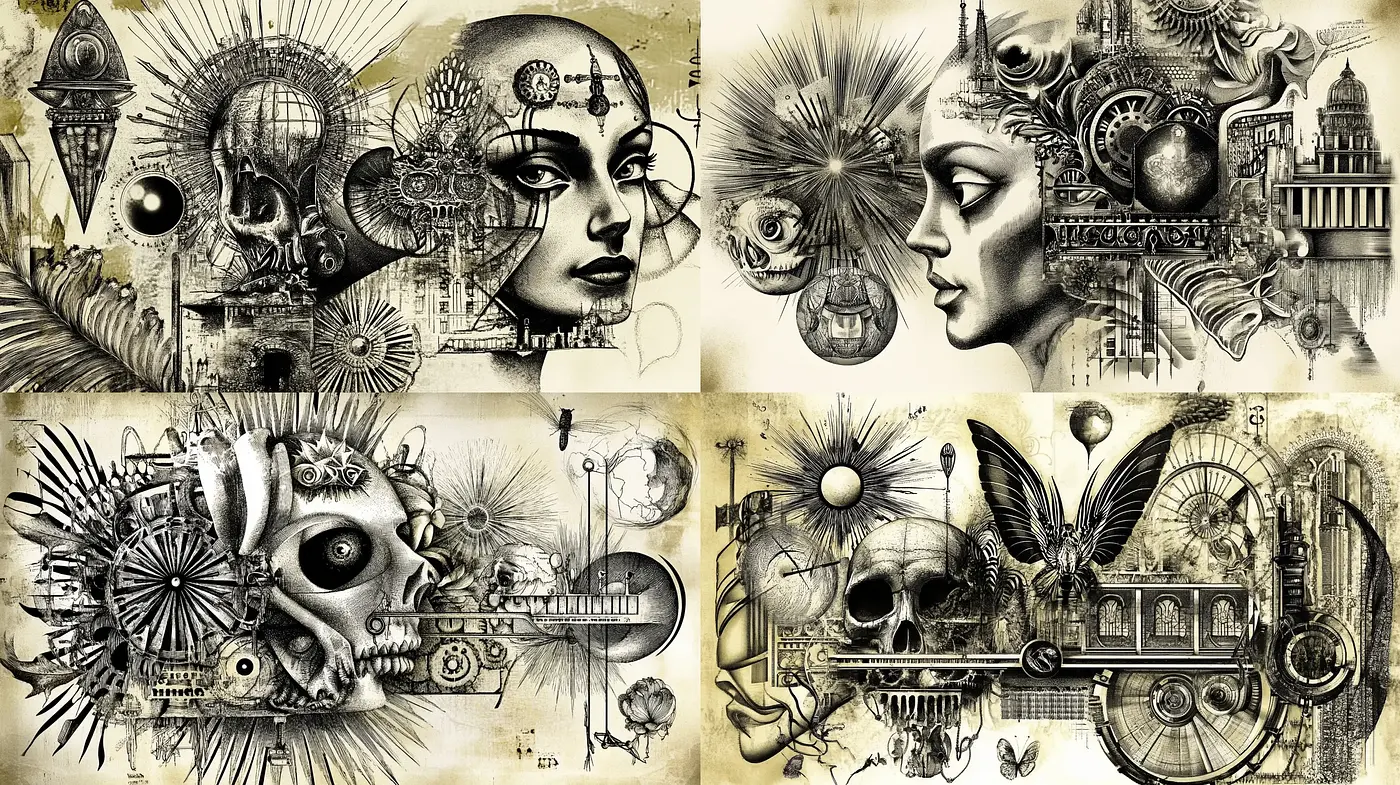 Surreal Mechanical Renaissance: An Intricate Fusion of Gears and Faces - Midjourney sref style