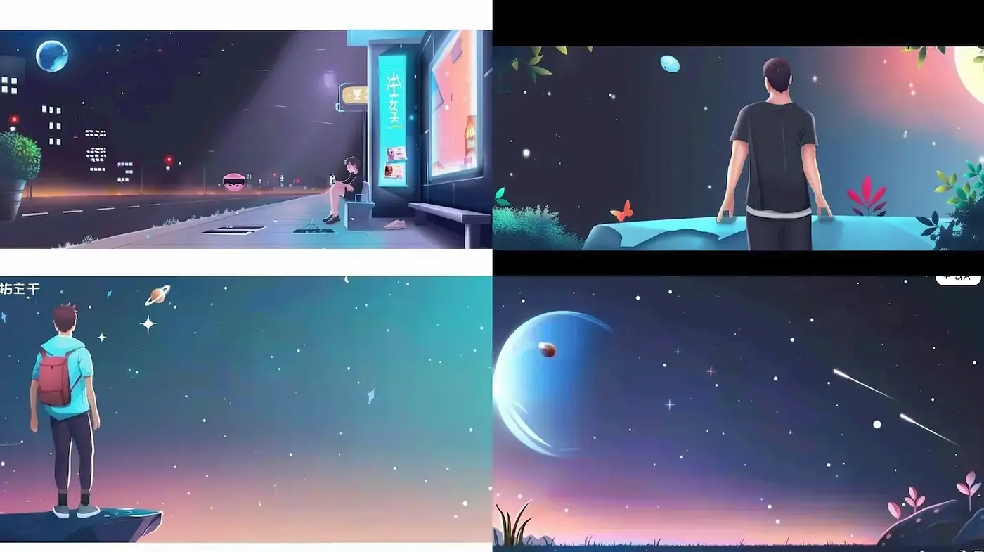 Consistent Cosmic Adventure in Vibrant Neo-Noir Dreamscapes - Midjourney sref style