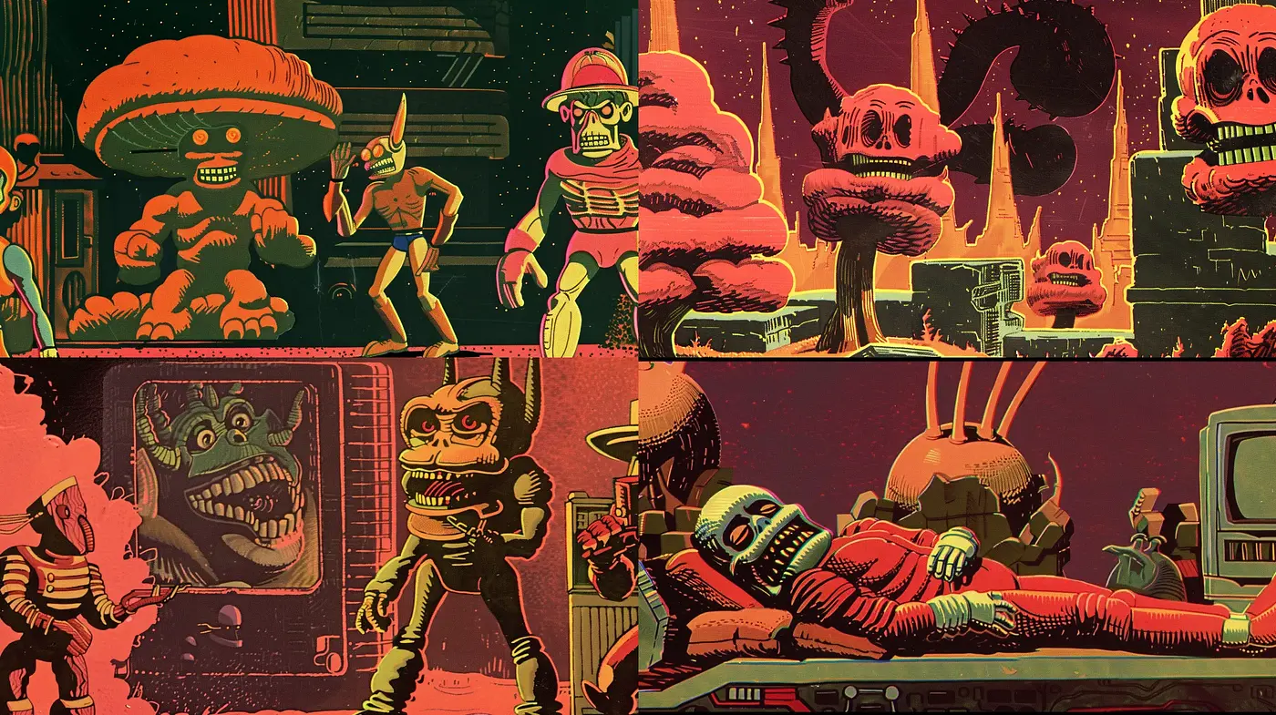 Retrofuturistic Sci-Fi Extravaganza with a Vintage Comic Book Aesthetic - Midjourney sref style