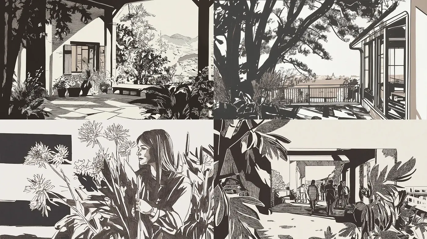 Monochromatic Vignettes of Idyllic Scenes - Midjourney sref style