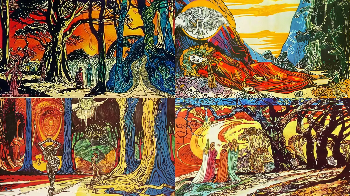 Psychedelic Dreamscape Fusion with Art Nouveau and Comic Strip Aesthetics - Midjourney sref style