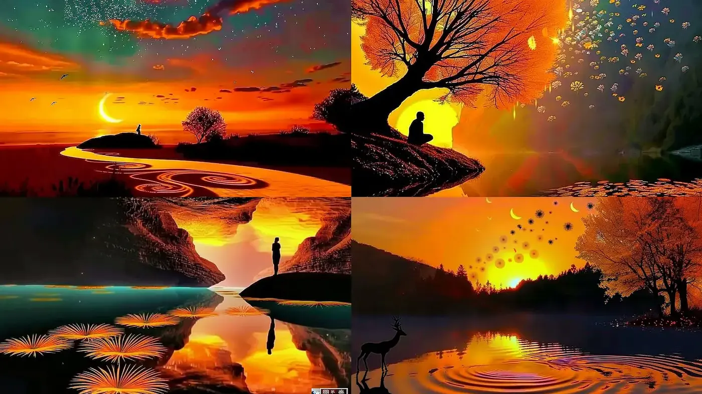Ethereal Sunset Landscapes with Reflective Water and Organic Forms - Midjourney sref style