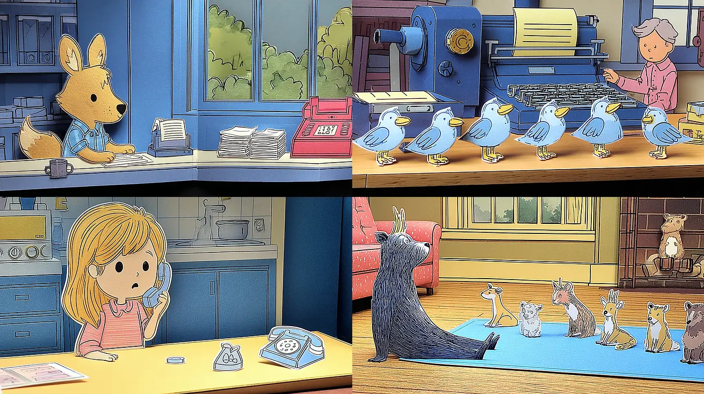 Charming and whimsical illustrated character depictions in a playful narrative style - Midjourney sref style