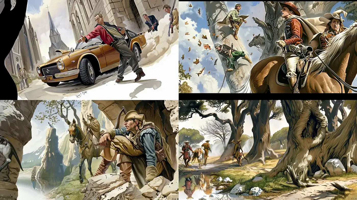 Dynamic Illustrative Style with Narrative Elements and Rich Detail - Midjourney sref style