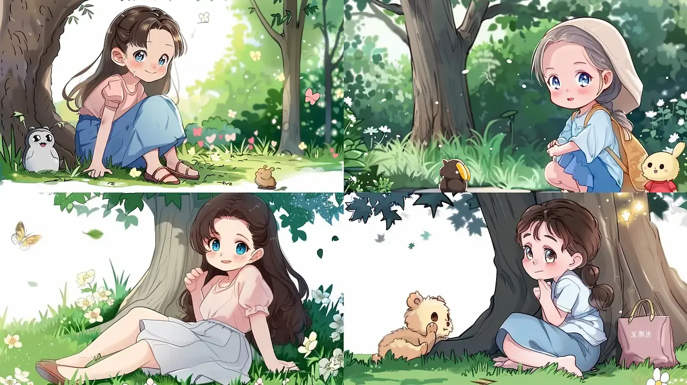Whimsical and Soft Illustrations with Nature and Playful Characters - Midjourney sref style