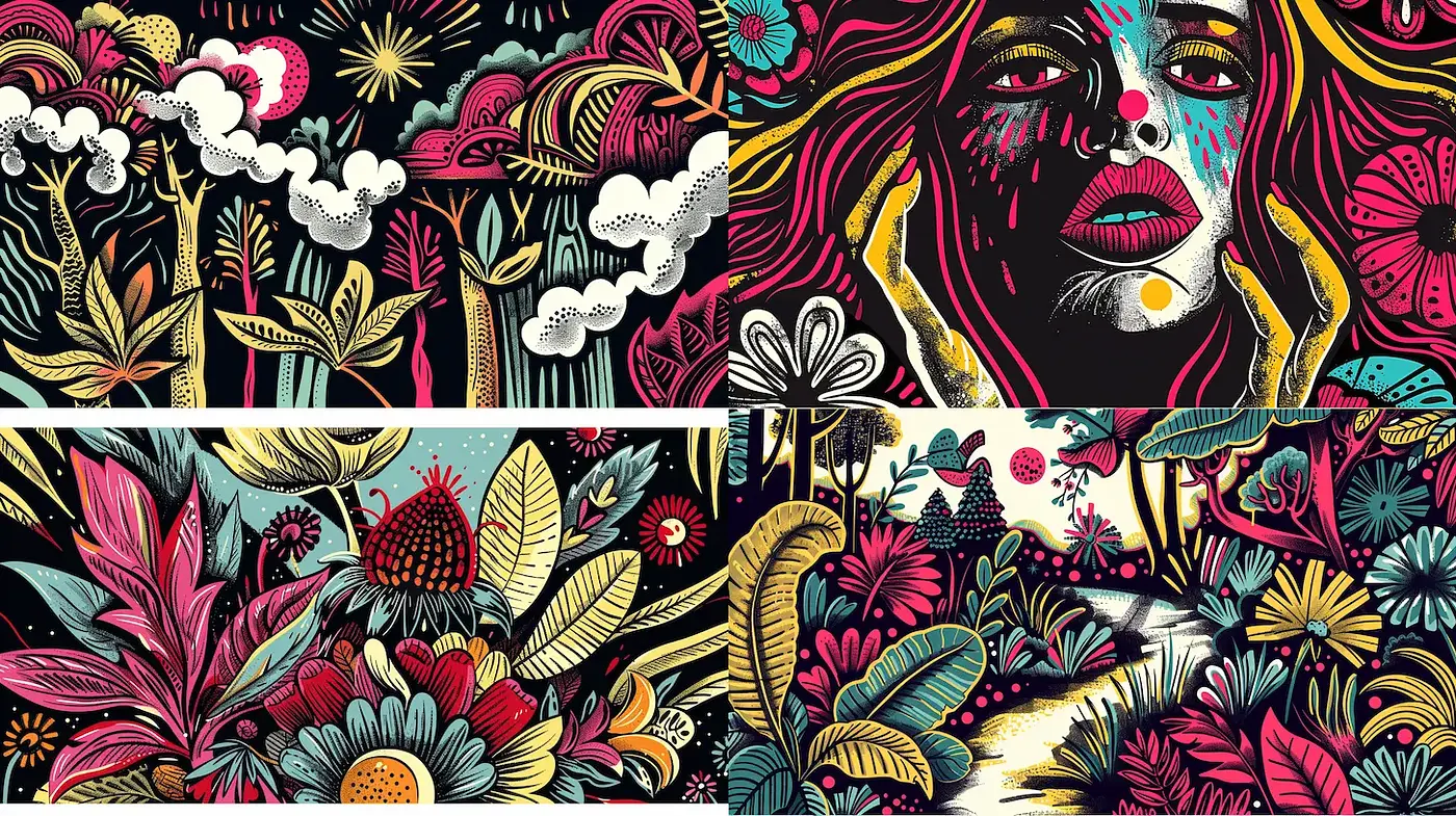 Bold and Vibrant Illustrative Style Emphasizing Nature and Human Connection - Midjourney sref style