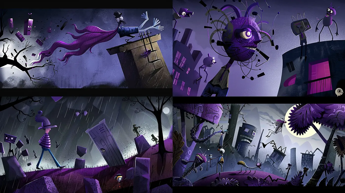 Whimsical Nocturne: A Dance of Shadows and Purple Hues - Midjourney sref style
