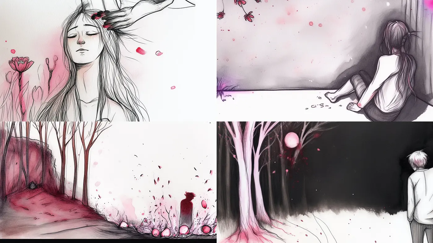 Whimsical Monochrome with Crimson Flourish: An Exploration in Sketch-like Expressions and Poetic Color - Midjourney sref style