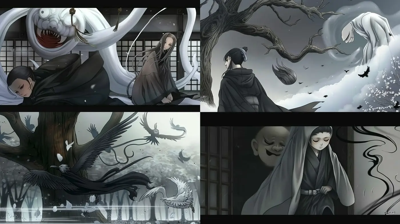 Monochromatic Ethereal Anime Dreamscape Blending Traditional and Digital Elements - Midjourney sref style