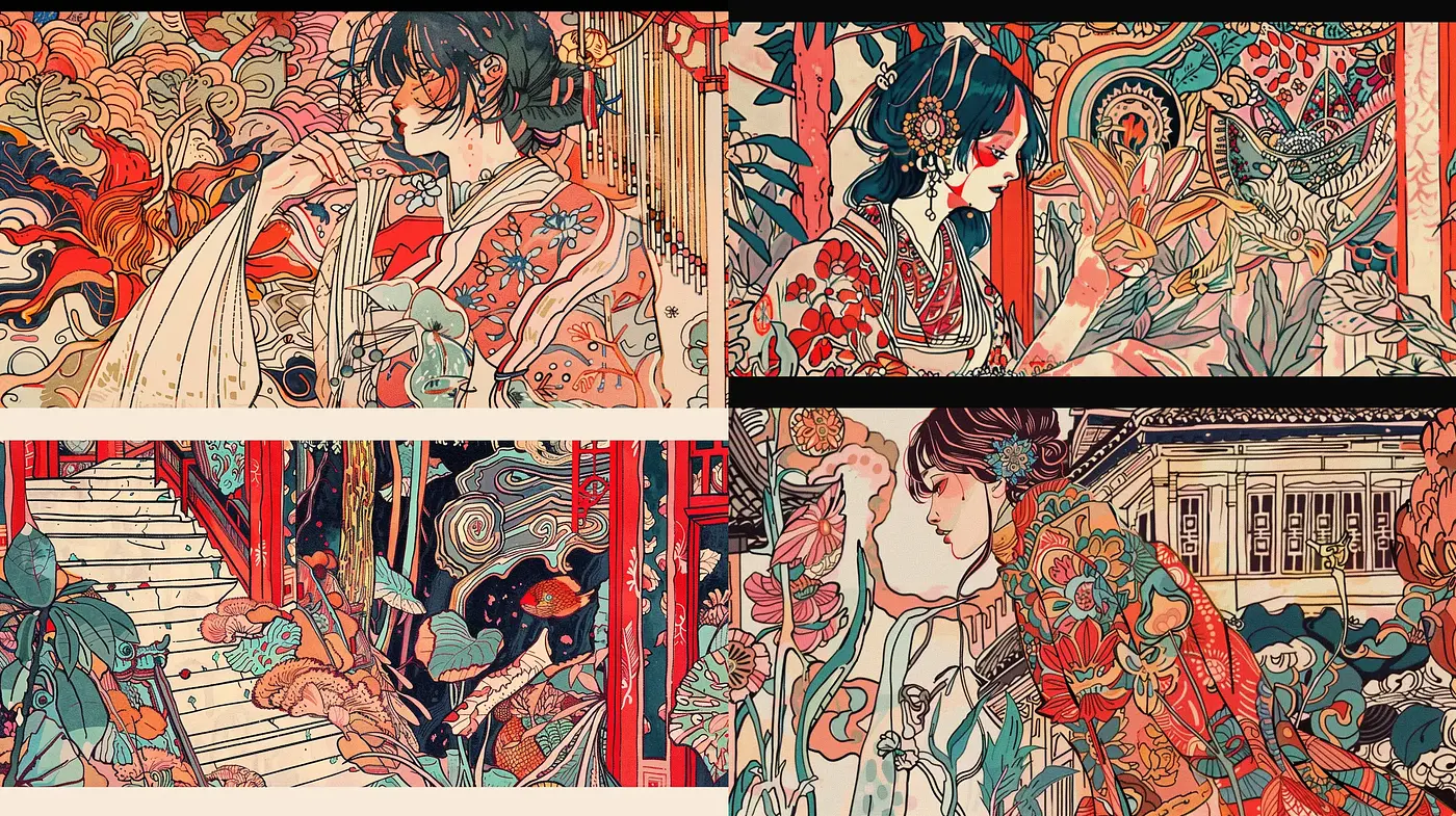 Eloquent Ukiyo-e Infused Illustrative Fusion - Midjourney sref style
