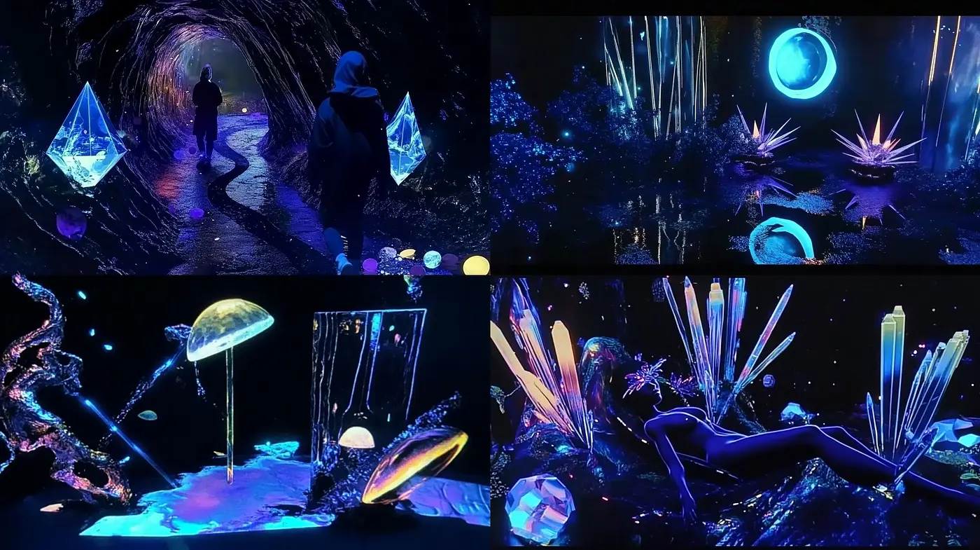Glowing bioluminescent dreamscape with surreal elements - Midjourney sref style