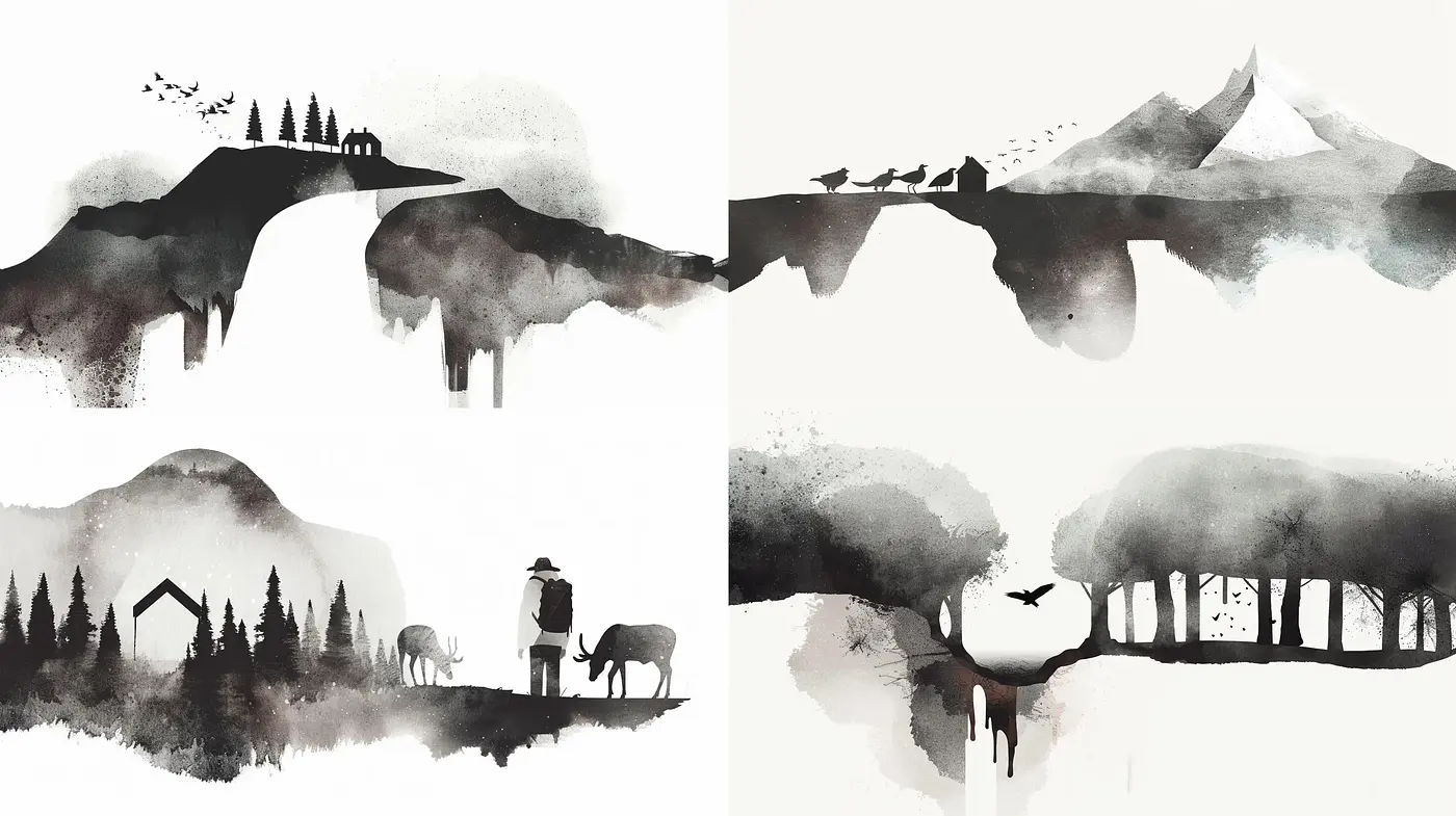 Monochrome Wilderness: Ephemeral Landscapes in Ink - Midjourney sref style