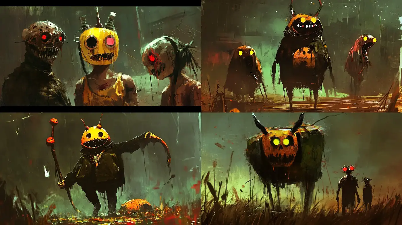 Dystopian Harvest: Eerie Kinetic Brushwork and Murky Hues - Midjourney sref style