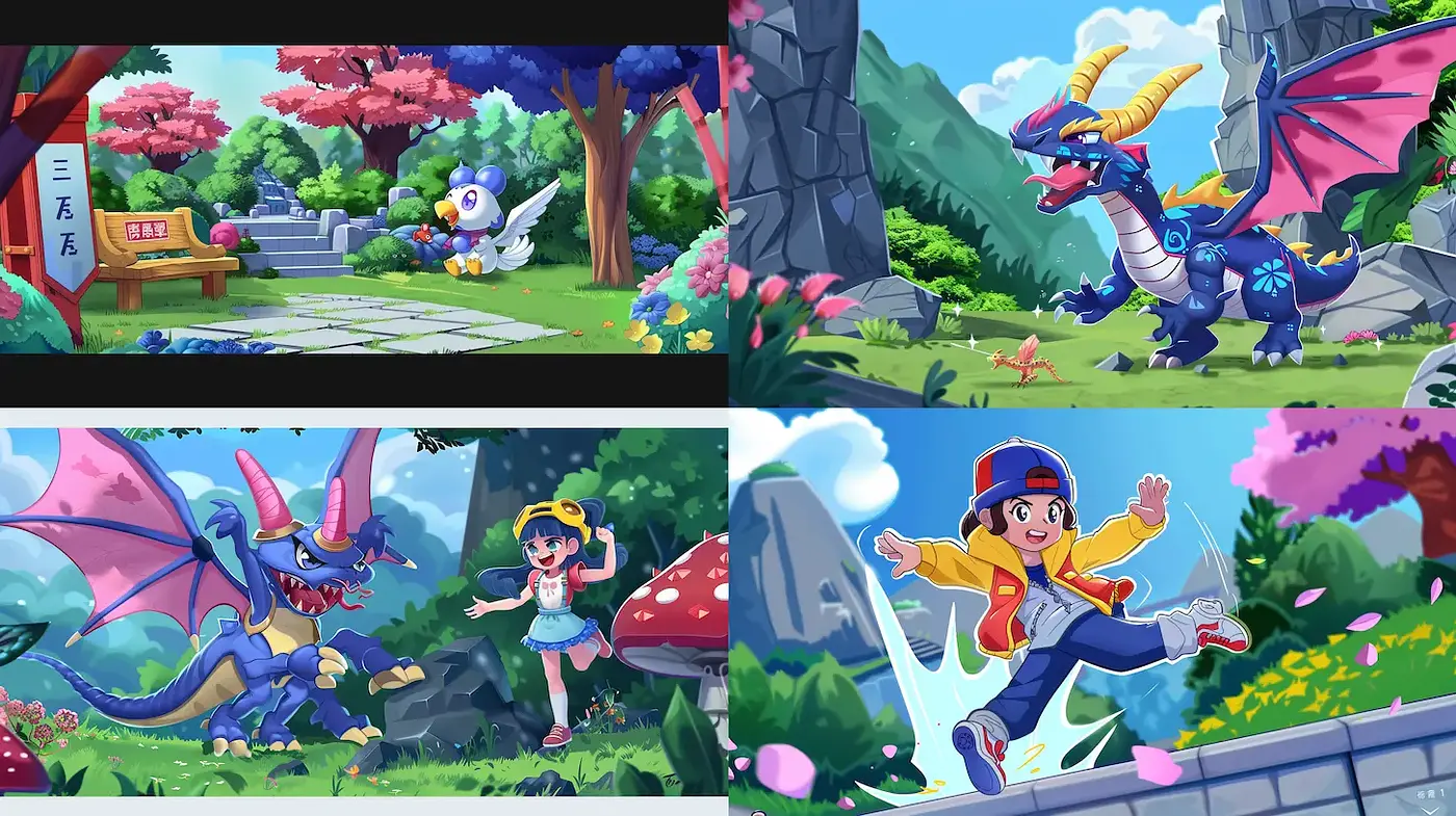 Vibrant and Playful Fantasy Landscape with Whimsical Characters - Midjourney sref style