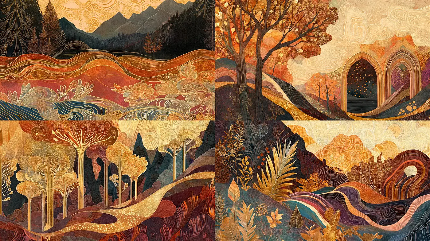 Autumnal Reverie of Stylized Landscapes in Swirling Art Nouveau Fusion - Midjourney sref style
