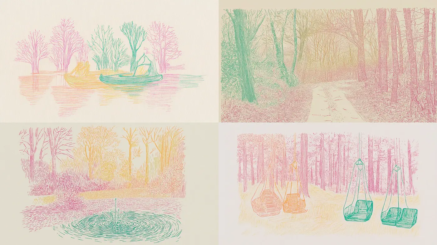 Pastel Hued Etching-Style Nature Scenes - Midjourney sref style