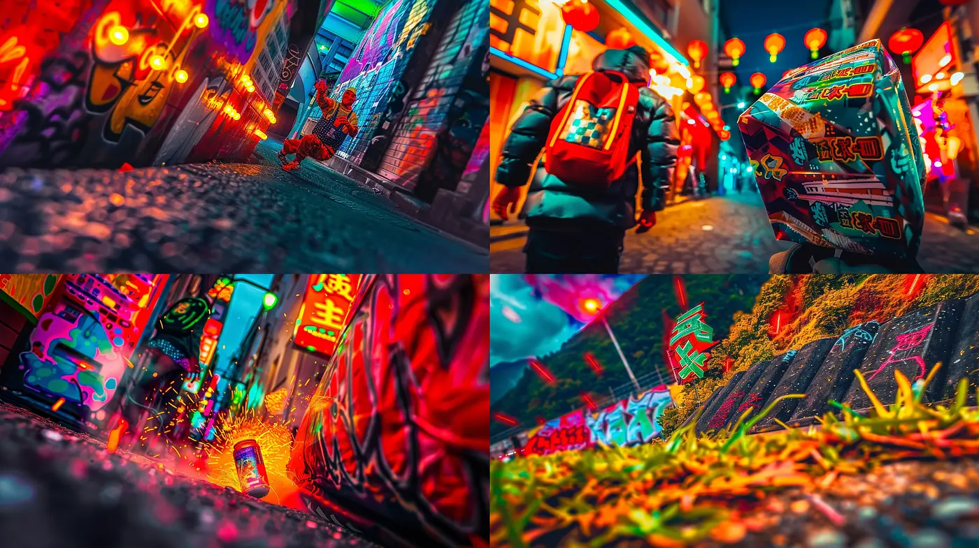Fusion of Neon Cyberpunk and Urban Graffiti - Midjourney sref style