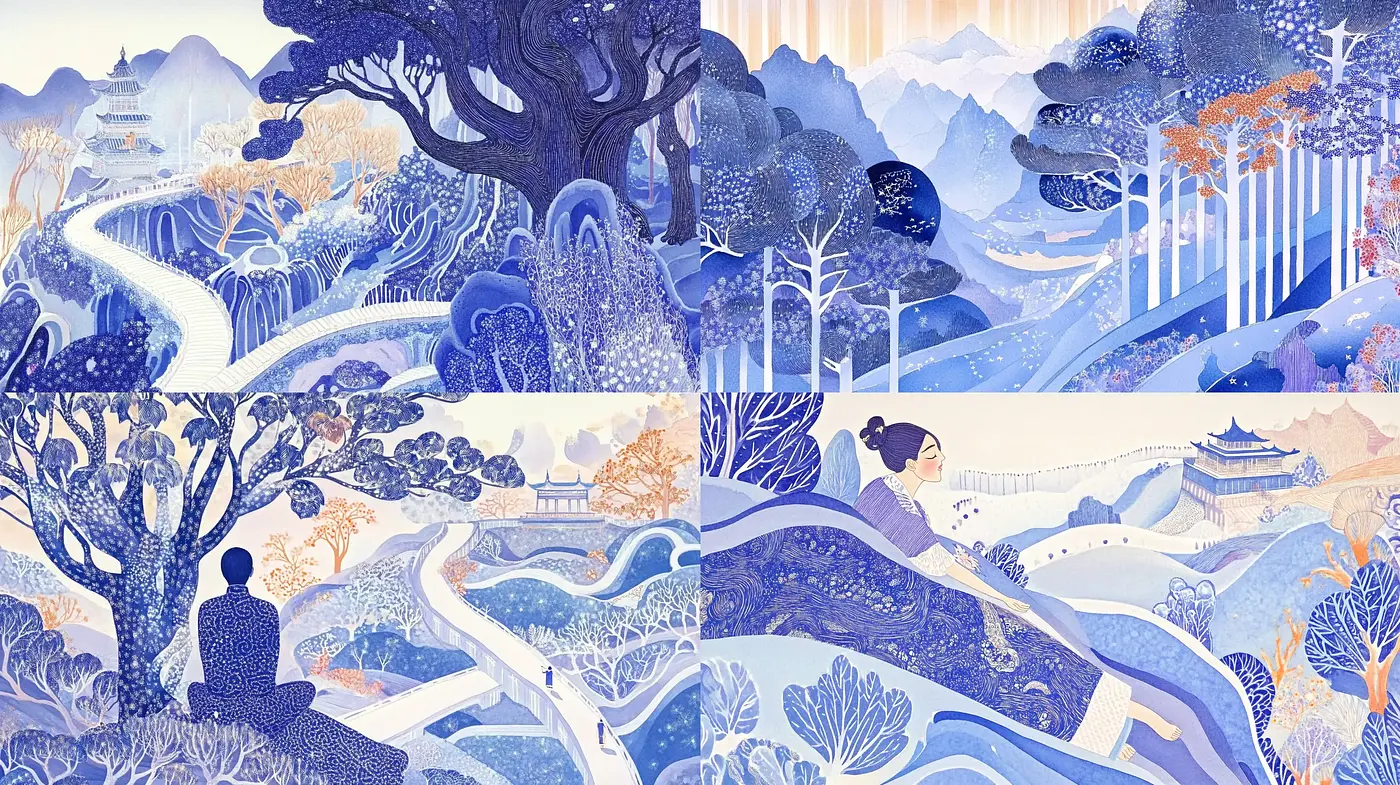 Ethereal Azure Vistas: A Journey Through Stylized Pastoral Landscapes - Midjourney sref style