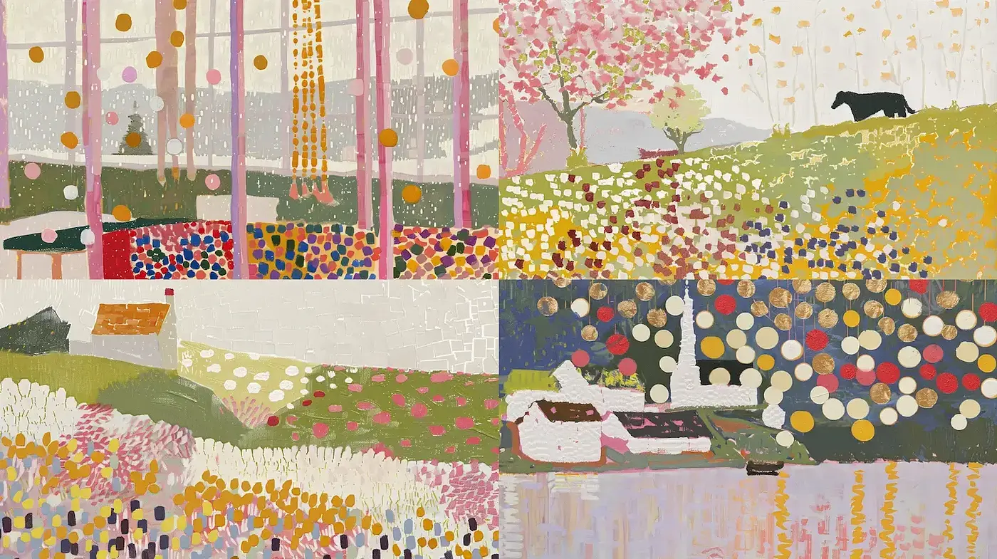 Whimsical Dotted Tapestry of Serene Landscapes - Midjourney sref style