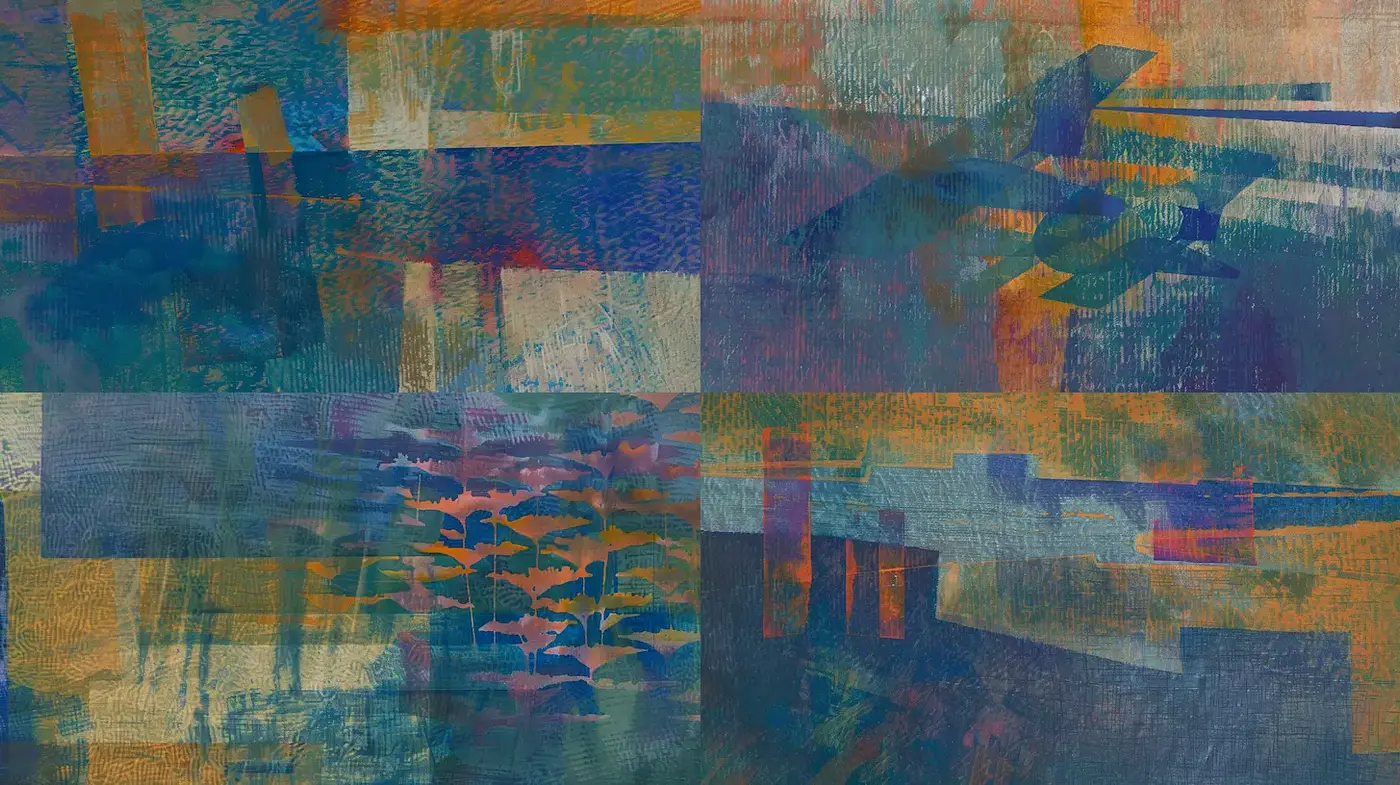 Abstract, textured overlays with vibrant, muted hues - Midjourney sref style
