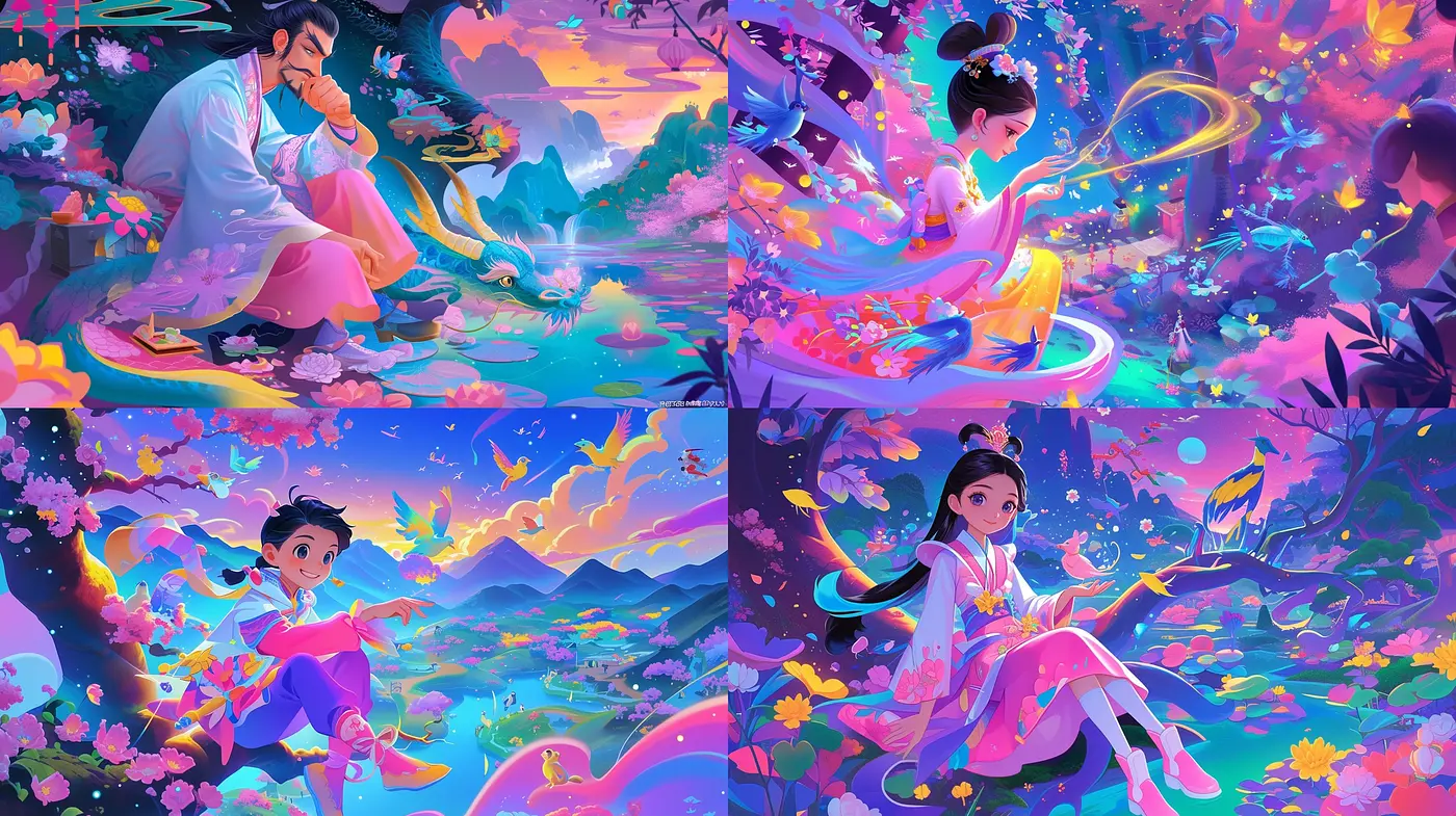 Enchanted Chromatic Vistas: A Harmony of Vivid Hues and Whimsical Imagery - Midjourney sref style