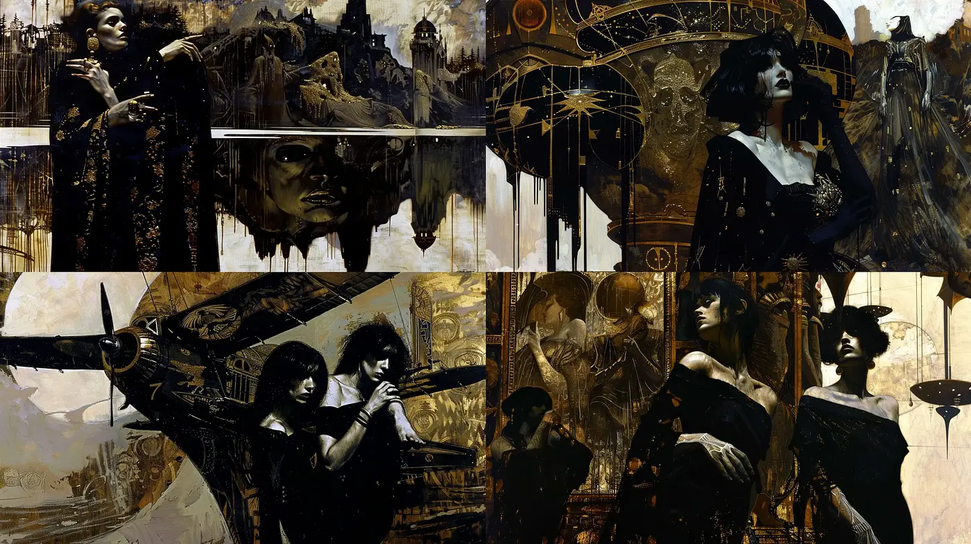 Nocturnal Elegance in Monochrome: A Tapestry of Shadows and Gilded Accents - Midjourney sref style