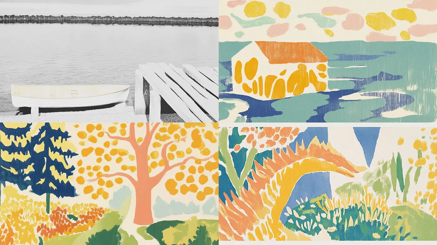 Pastel Serenity: A Whimsical Fusion of Simplified Forms and Washed Textures - Midjourney sref style