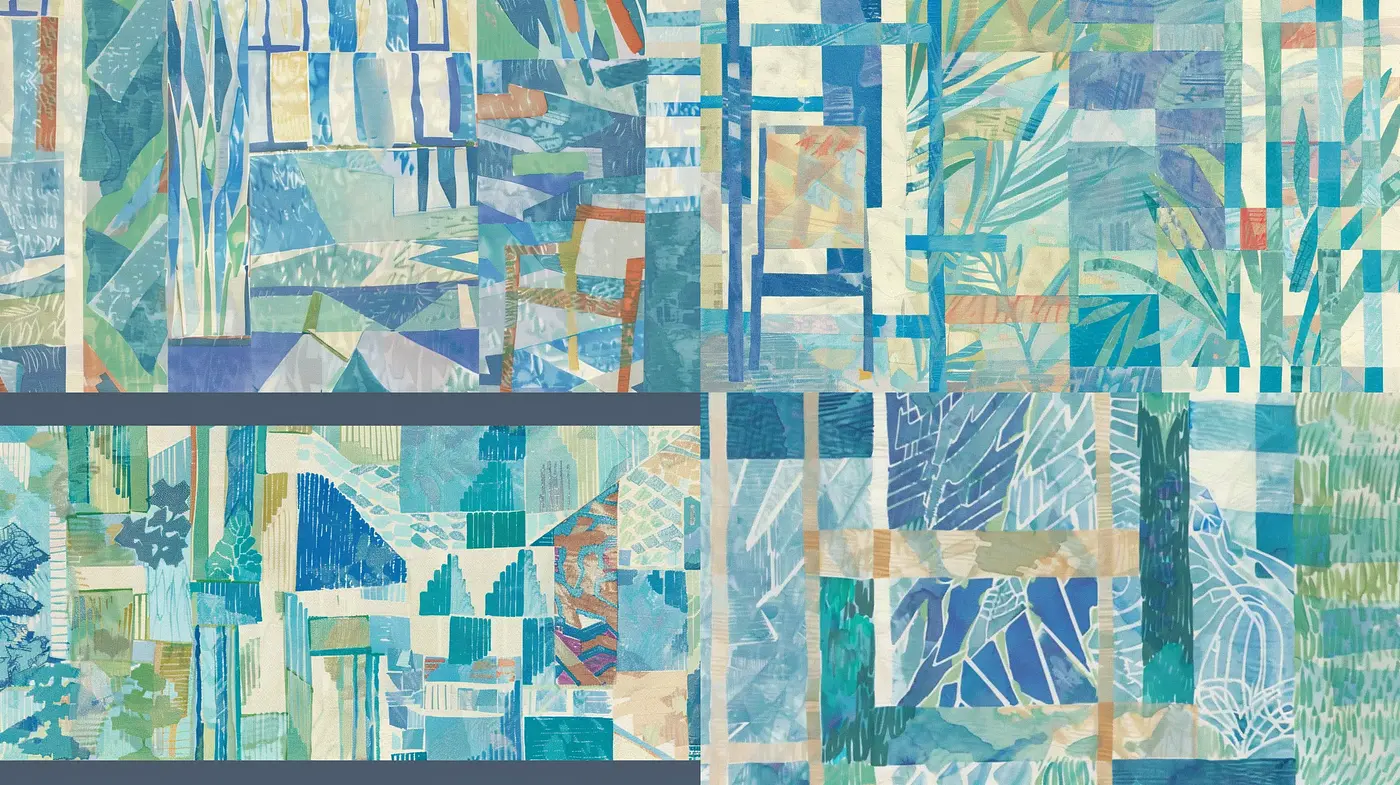 Geometric Abstraction in Aquatic Tones: A Consistent Cubist-Inspired Collage - Midjourney sref style