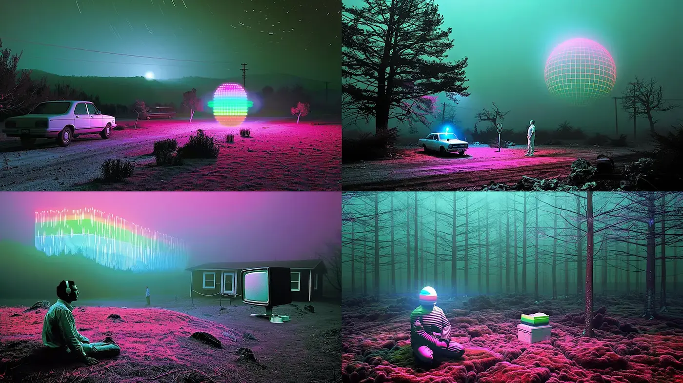 Surreal Neon Landscapes with a Retro Futuristic Vibe - Midjourney sref style