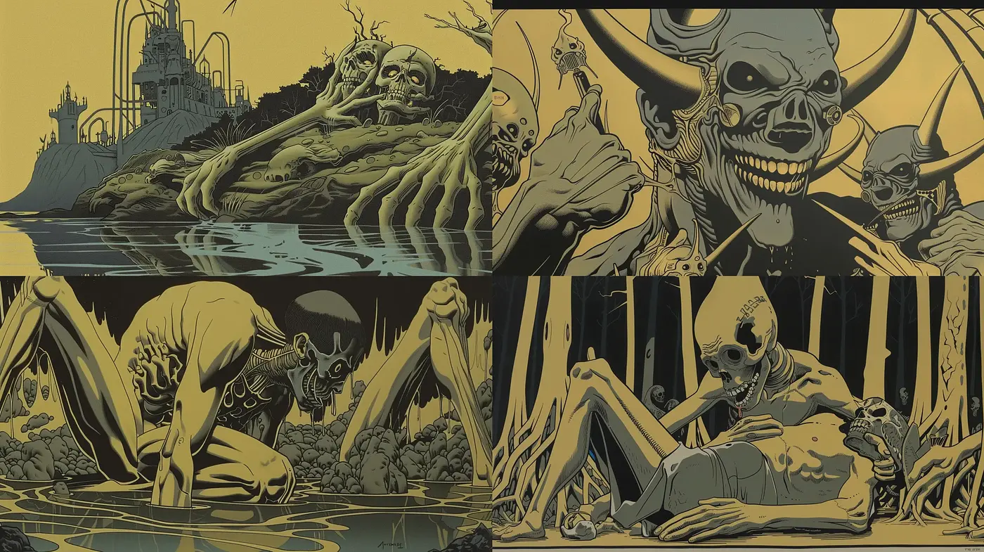 Macabre Twilight: A Study in Sepia Tones and Surrealist Horror - Midjourney sref style