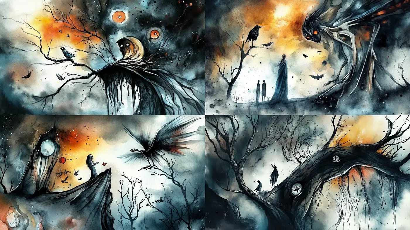 Ethereal Twilight: Transcendent Imagery Blending Dreamscape and Nightmare - Midjourney sref style