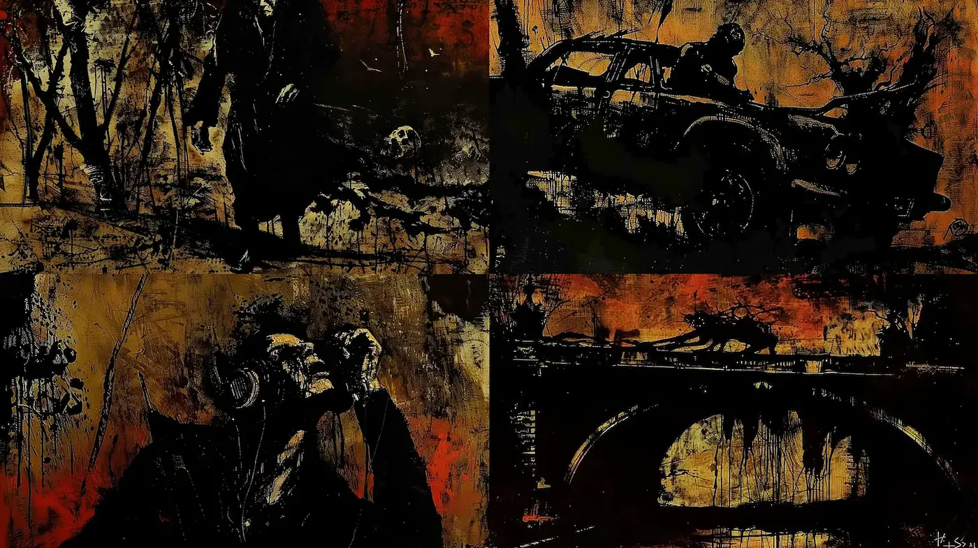 Dark, expressive art with a haunting atmosphere and abstract textures - Midjourney sref style