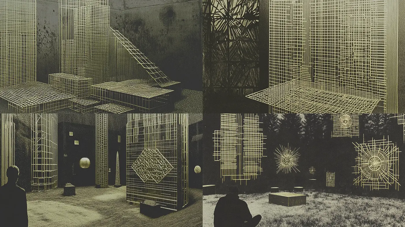 Monochromatic Architectural Dreamscape with Geometric Persistence - Midjourney sref style