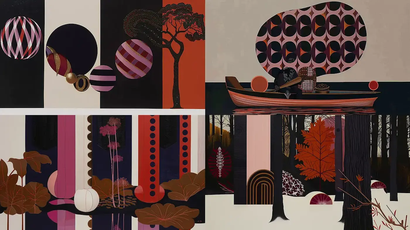 Stylized Harmony of Modern Geometric Forms and Organic Motifs - Midjourney sref style