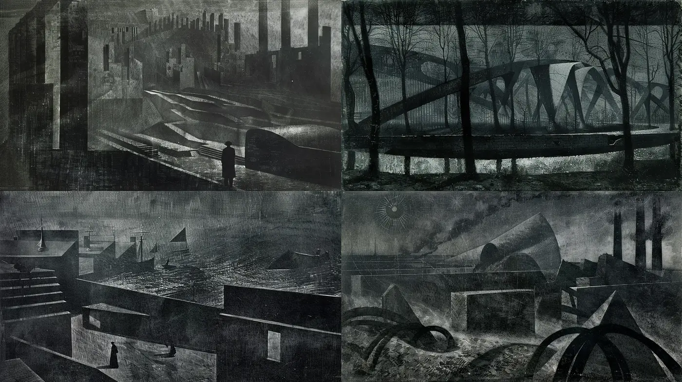 Echoes of Industrial Melancholy: Monochromatic Tales of Urban Decay - Midjourney sref style