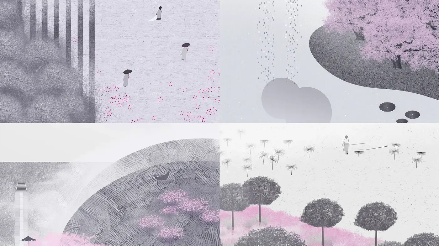 Ethereal Monochrome Dreamscape with Selective Pink Hues - Midjourney sref style